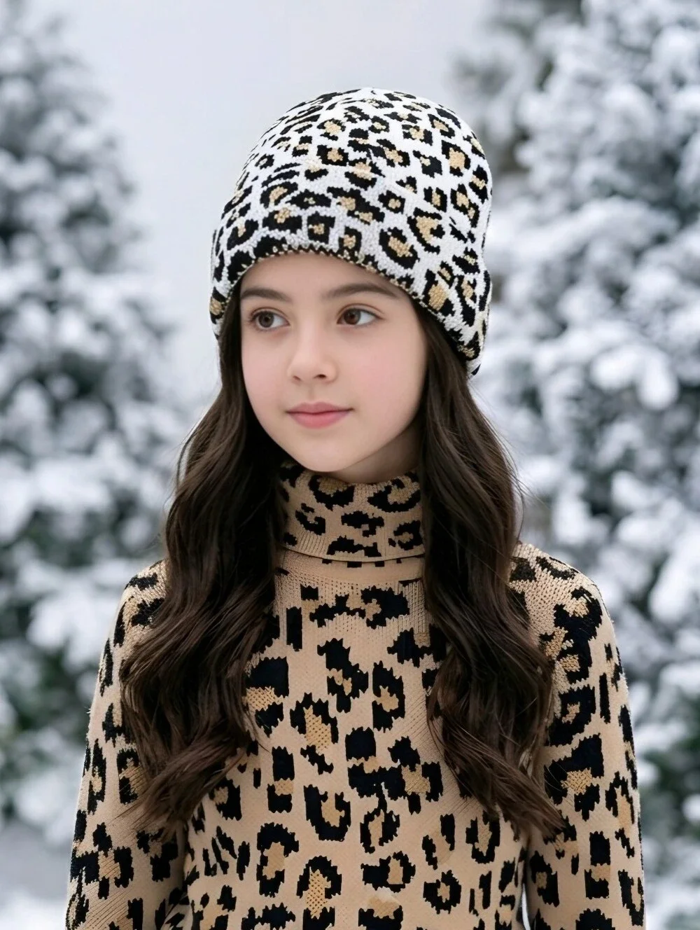 Childrens Place Girls Leopard Print Knit Beanie Winter Hat Black White NWT 4-7